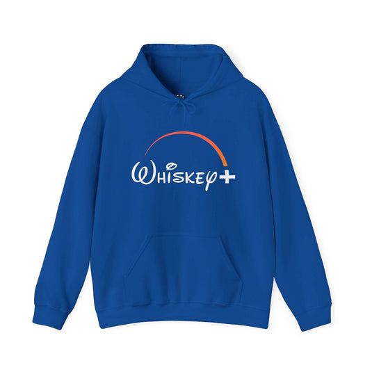 Royal blue hoodie for men and women featuring a subtle, funny "Whiskey Plus" brand parody design, perfect for whiskey lovers.