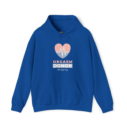 Royal blue hoodie for men featuring bold "Orgasm Donor" design with heart and pulse line, ideal for those who love sarcasm.