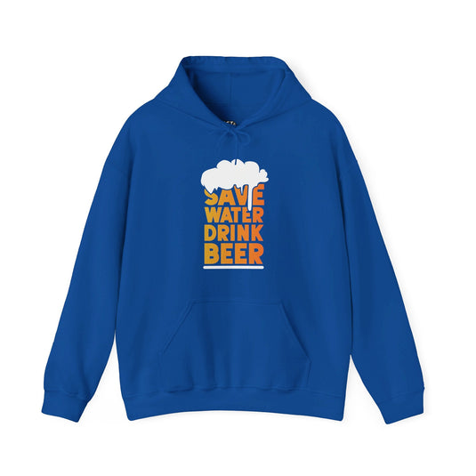 Royal blue hoodie for men and women with a funny "Save Water Drink Beer" graphic, ideal for beer lovers who enjoy witty clothing.