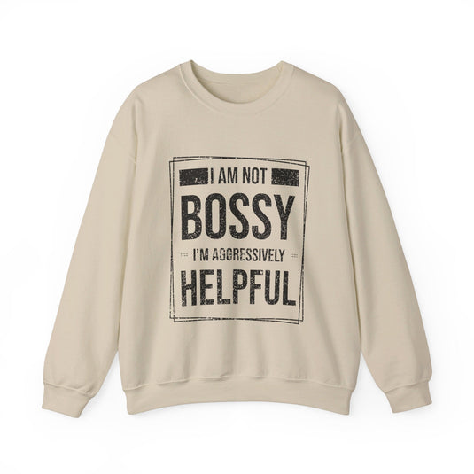 Sand sweatshirt for men and women featuring a humorous 'Aggressively Helpful' graphic, great for work and casual wear.