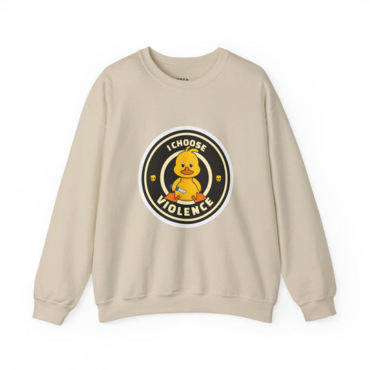 Sand-colored sweatshirt featuring a mischievous rubber duck with a knife and the words "I Choose Violence" in a sarcastic style.