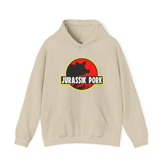 Sand hoodie featuring "Jurassik Pork" funny parody design, ideal for men and women who love witty apparel and movie parodies.