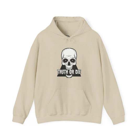 Sand-colored hoodie for men and women with a striking "Truth or Die" design, perfect for showcasing your bold sense of humor.