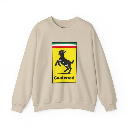 Sand sweatshirt for men and women with a 'Goaterrari' logo parody, offering a humorous twist on a classic design.