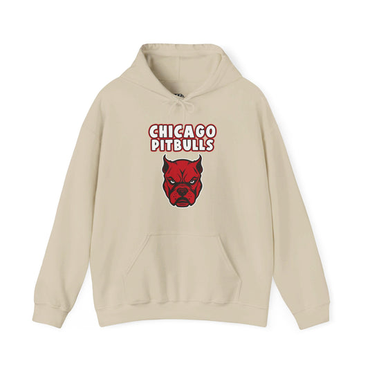 Sand hoodie with the "Chicago Pitbulls" design, great for men and women who appreciate humor and pitbulls.