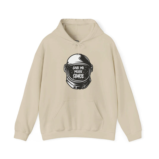 Sand hoodie with astronaut helmet and "Give Me More Space" design, ideal for men and women who value space and sarcastic humor.