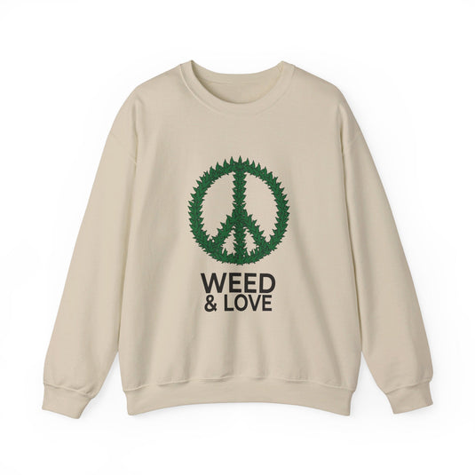 Sand-colored sweatshirt featuring a "Weed & Love" design, perfect for men and women who enjoy cannabis culture and positive vibes.