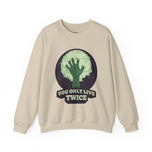 and sweatshirt for men and women featuring a quirky 'You Only Live Twice' design with a zombie hand, perfect for lovers of dark humor.