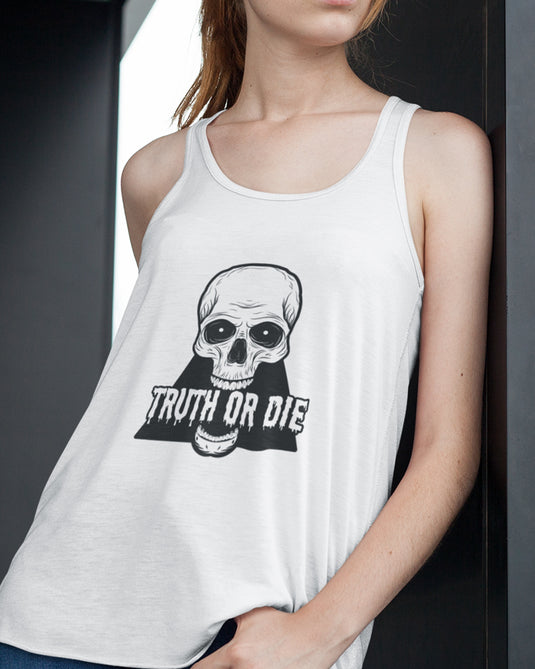 Woman wearing a white graphic tank top with a skull illustration and 'Truth or Die' text, a funny and sarcastic design for men and women