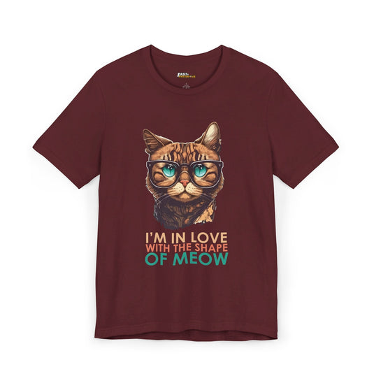 Maroon I'm In Love With the Shape of Meow t-shirt, funny cat lover graphic tee, ideal for those who love puns and music.