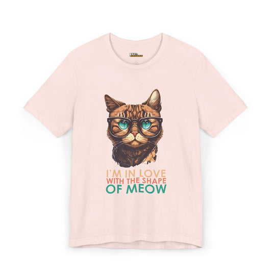 Soft Pink I'm In Love With the Shape of Meow t-shirt, funny cat lover graphic tee, ideal for fans of music and humor.