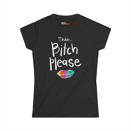 Black Shhh... Bitch Please women's sarcastic t-shirt, funny graphic tee with colorful lip design, great for casual wear.