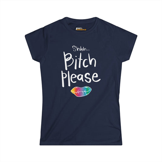 Navy Shhh... Bitch Please women's sarcastic t-shirt, funny graphic tee with colorful lip design, perfect for women.