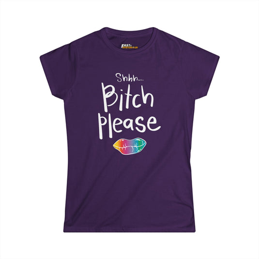 Purple Shhh... Bitch Please women's sarcastic t-shirt, funny graphic tee with colorful lip design, ideal for sassy women.