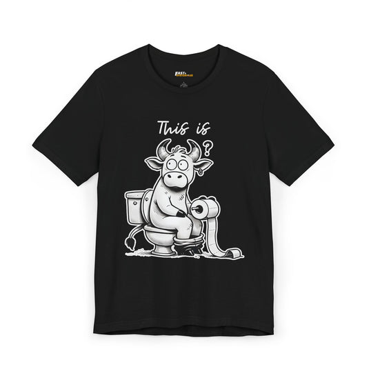 Black sarcasm tee featuring a bull on a toilet, delivering a bold 'This is bullsh*t' message with humor.