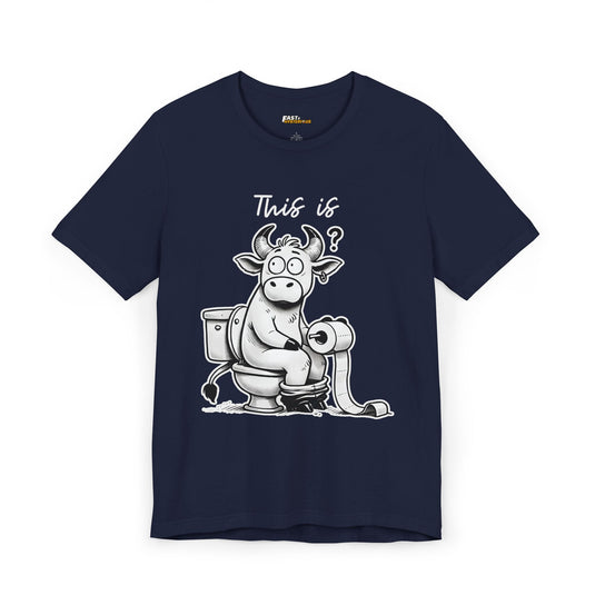 Navy blue graphic tee with a cartoon bull on a toilet, offering a humorous take with the 'This is bullsh*t' theme.