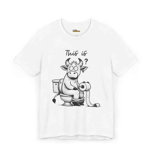 White graphic tee with a cartoon bull on a toilet, humorously expressing sarcasm with a playful 'This is bullsh*t' vibe.