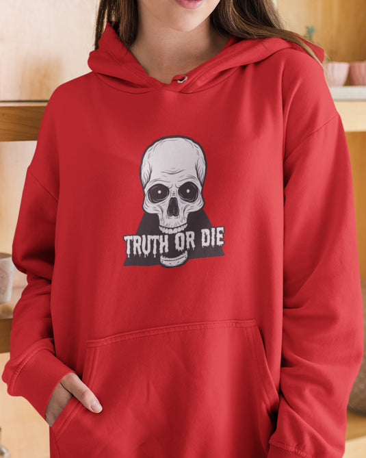 Red hoodie featuring "Truth or Die" skull graphic, perfect for fans of dark humor and edgy style.