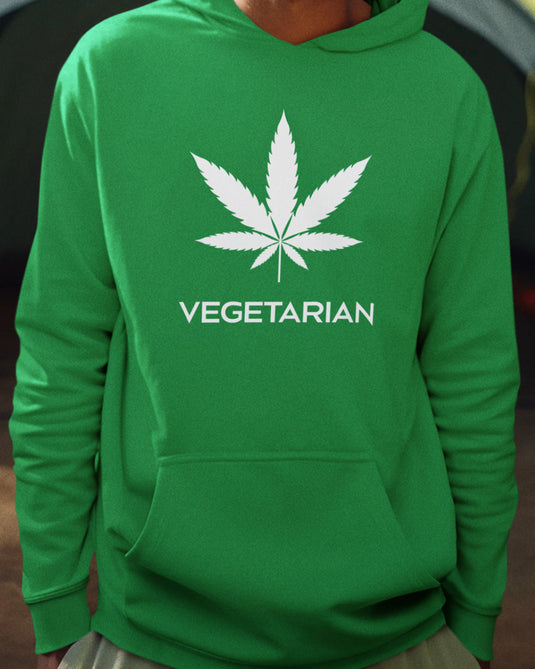 Green hoodie with "Vegetarian" cannabis leaf design, perfect for weed lovers and cannabis humor.