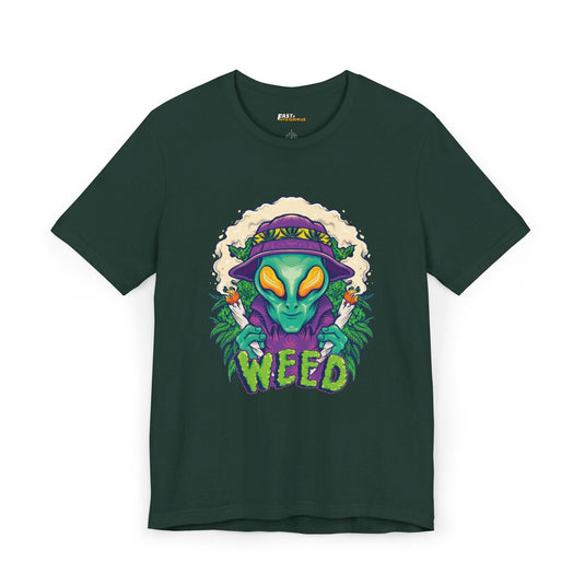 Forest Green Weed Alien funny weed lover t-shirt for men and women, unisex cannabis graphic tee, great for festivals.