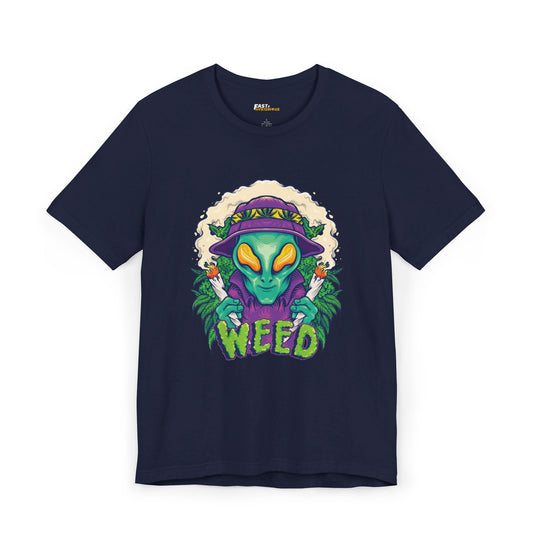 Navy Weed Alien funny weed lover t-shirt for men and women, unisex cannabis graphic tee, perfect for casual wear.