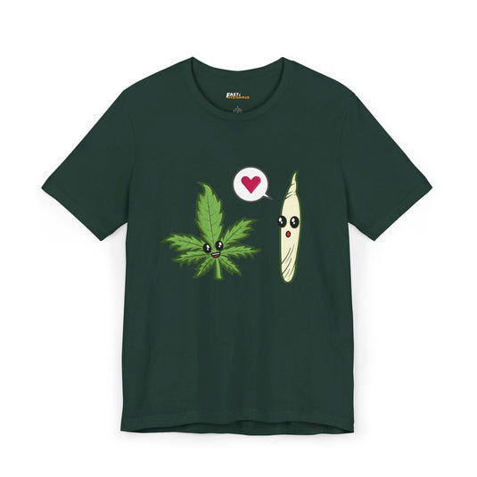 Forest Green Weed Love t-shirt for men and women, featuring a cute and funny cannabis-inspired design. Perfect for casual wear.