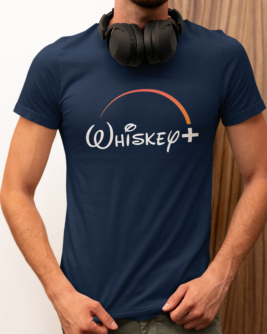 Blue graphic t-shirt featuring a parody design for whiskey lovers with creative branding-inspired typography and a playful touch.