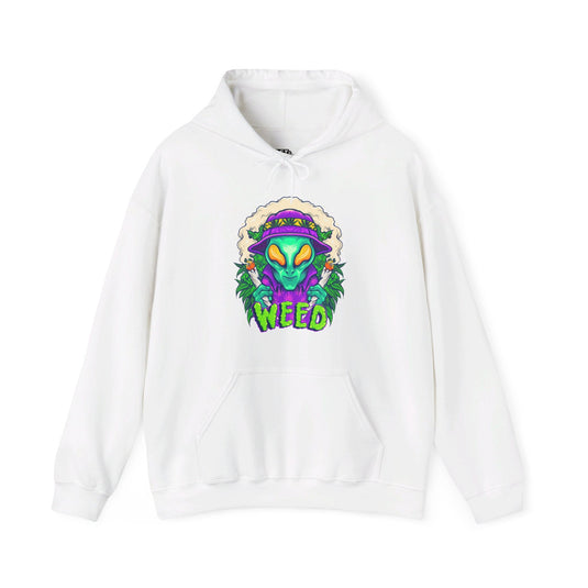 White hoodie for men and women featuring a bold "Alien Weed" design with an out-of-this-world alien and cannabis graphic.