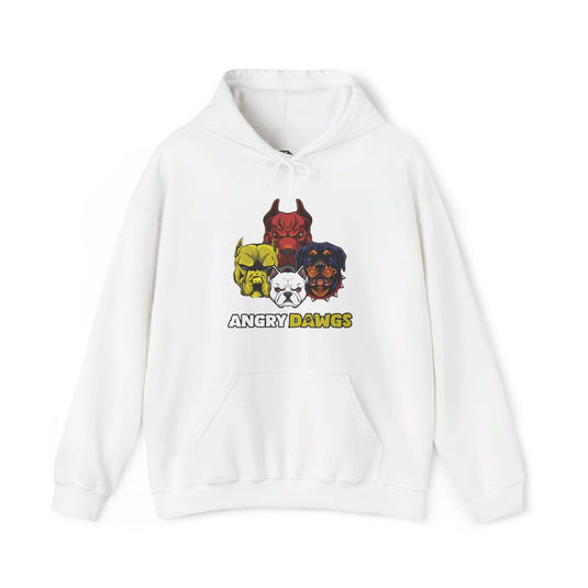 White hoodie featuring the "Angry Dawgs" design, perfect for men and women who love dogs and playful humor.