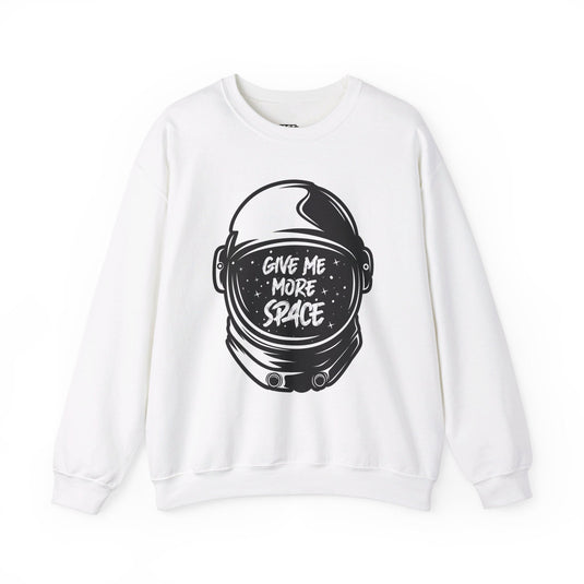 White sweatshirt for men and women featuring a 'Give Me More Space' astronaut helmet graphic, ideal for adding humor to your outfit.