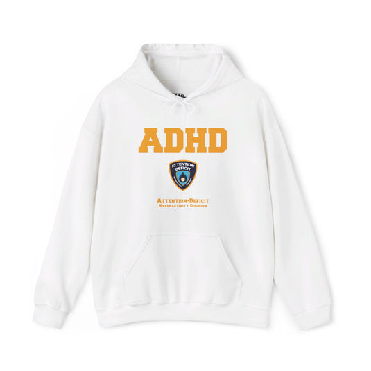 White hoodie with a witty "ADHD Attention Deficit Hyperactivity Disorder" parody design, ideal for men and women who appreciate humor and comfort.