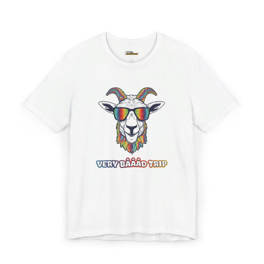 White tee for men and women featuring a colorful 'Very Baaad Trip' psychedelic design, perfect for rave lovers.