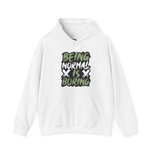 White hoodie for men and women with striking 'Being Normal is Boring' slogan in bold graffiti style, great for non-conformists.