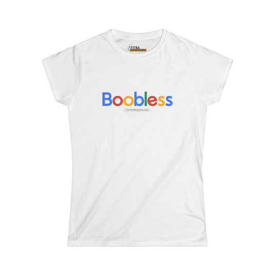 White women's t-shirt with a playful 'Boobless' design, a perfect addition for sarcasm and humor lovers.