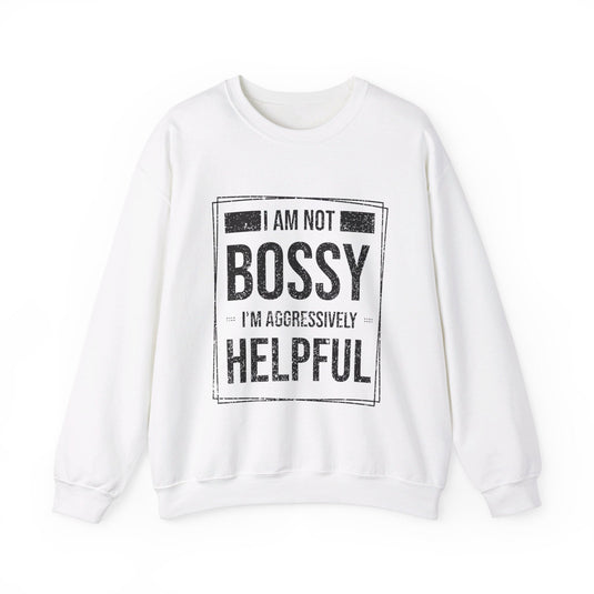 White sweatshirt for men and women with a strong 'Aggressively Helpful' message, perfect for making a statement.