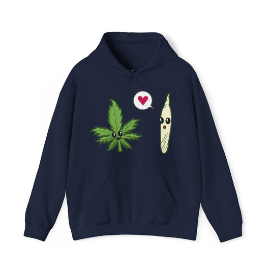 White hoodie with a playful weed-themed design showing a cartoon leaf and joint exchanging hearts, ideal for men and women.