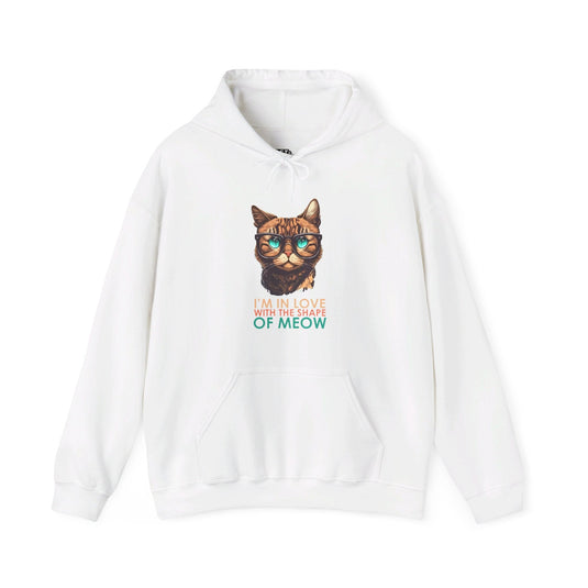 White hoodie with the playful "I'm in Love with the Shape of Meow" design, ideal for men and women who love cats and music.