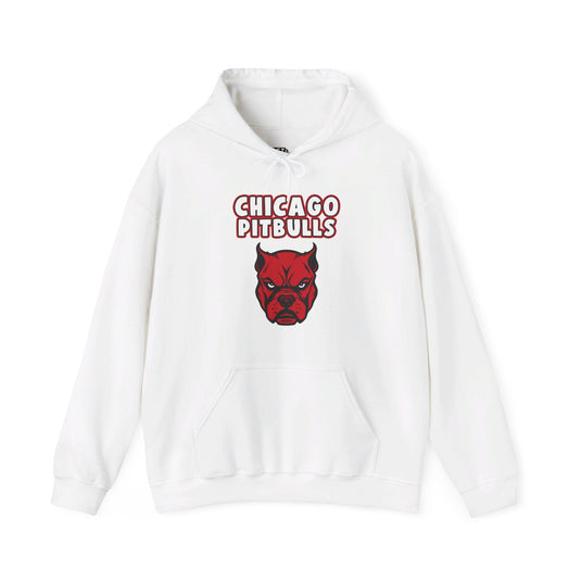 White hoodie featuring the "Chicago Pitbulls" design, great for men and women who appreciate a playful twist on a sports logo.