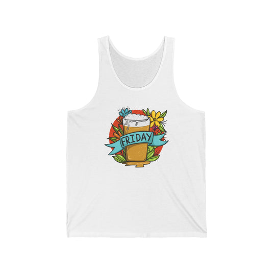 White tank top for men and women with a playful "Friday Beer" design, perfect for beer lovers celebrating the weekend.