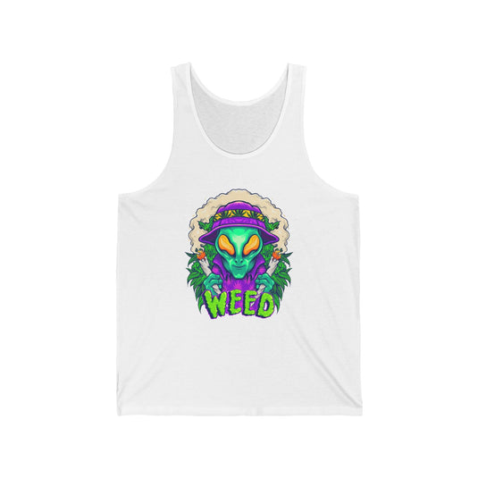 White tank top for men and women featuring a bold "Alien Weed" design with an out-of-this-world alien and cannabis graphic.