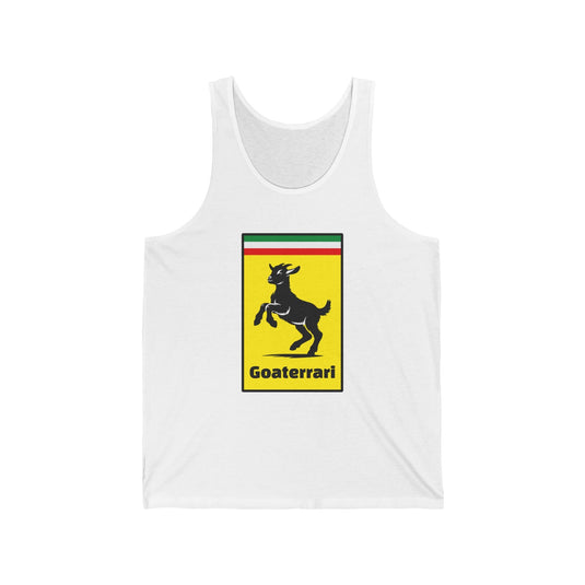 White tank top for men and women featuring a playful "Goaterrari" brand parody design, perfect for car enthusiasts and humor lovers.