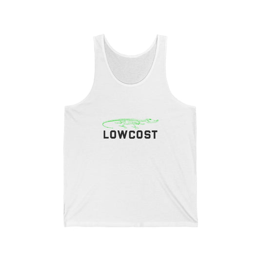 White tank top for men and women featuring a clever "Lowcost" brand parody design, perfect for those who appreciate understated humor.