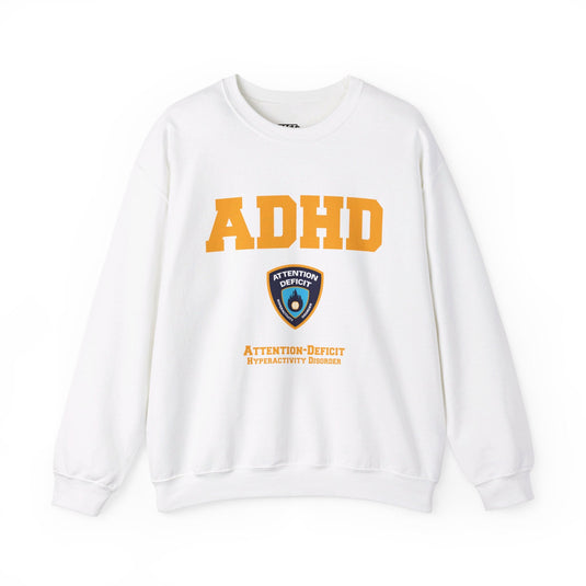 White sweatshirt for men and women with a humorous 'ADHD' design mimicking a police logo, great for lovers of parody and sarcasm.