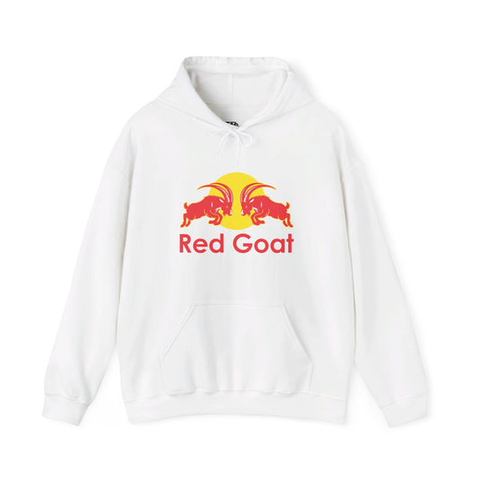 White hoodie for men and women featuring a subtle, funny brand parody with red goats, a humorous take on a well-known logo.