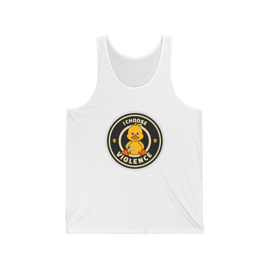 White tank top for men and women featuring a bold "I Choose Violence" design with a menacing rubber duck, perfect for sarcasm lovers.