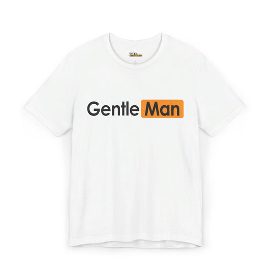 White GentleMan parody t-shirt for men, adult humor graphic tee with a clever brand parody design.