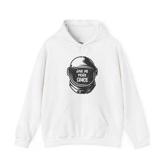 White hoodie with astronaut helmet and "Give Me More Space" text, perfect for men and women who value space and sarcasm.