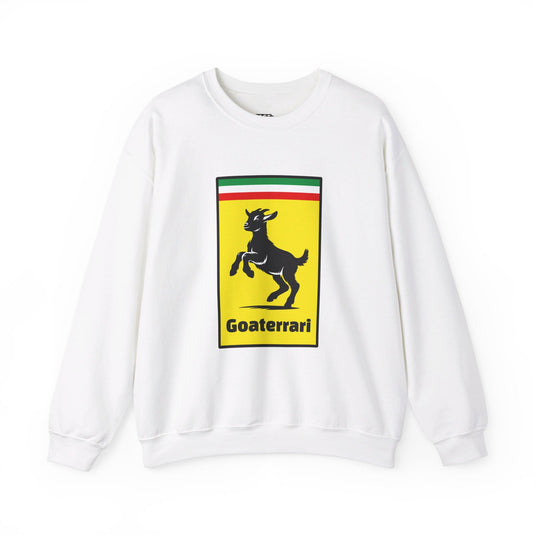 White sweatshirt for men and women featuring a bold 'Goaterrari' parody design, perfect for casual and fun wear.