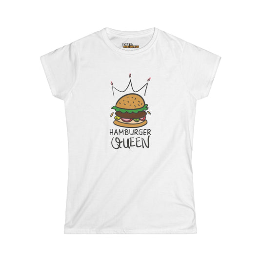 White Hamburger Queen t-shirt for women, funny and sarcastic graphic tee perfect for those who love burgers and humor.