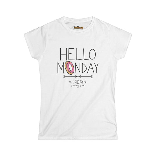 White Hello Monday t-shirt for women, cute and sarcastic graphic tee that’s perfect for starting the week with a smile.